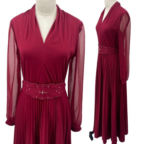 Vintage 70s Belted Maxi Dress Sheer Long Sleeve Pleated Skirt Maroon Red Small - Picture 1 of 12